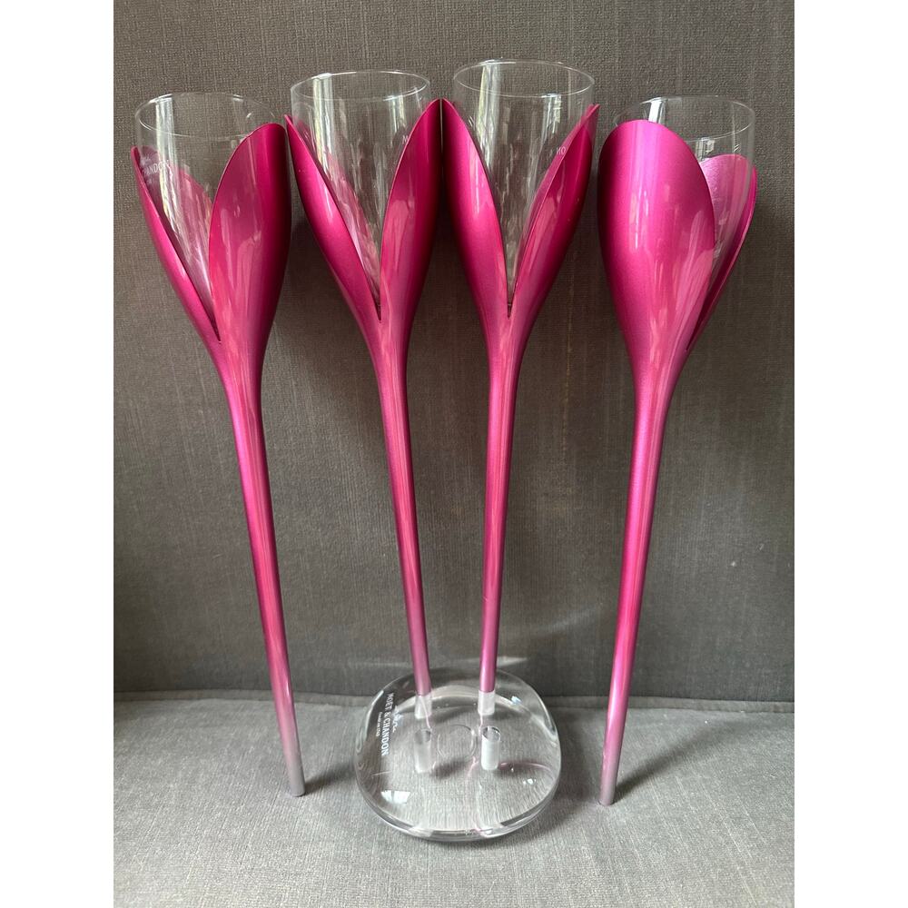 Moet & Chandon 4 Pink Tulip Glass Champagne Flutes lucite Base set glasses